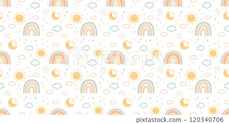 Baby seamless pattern on white background in boho style with moon, sun and rainbow for textiles or fabric for newborns Baby seamless pattern on white background in boho style with moon, sun and rainbow for textiles or fabric for newborns 120340706