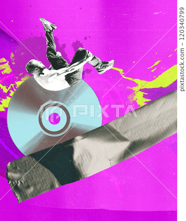 Breakdancer performs stunt on large CD, with background full of vibrant colors and abstract patterns. Contemporary art collage. 120340799