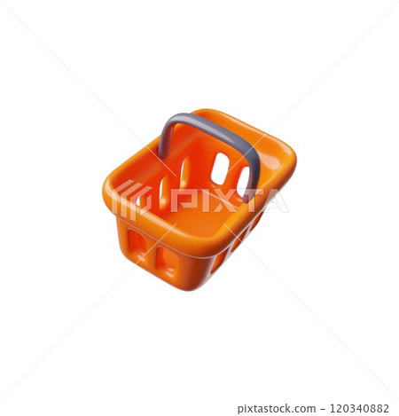 Realistic shopping basket 3D cartoon plastic style vector icon, empty orange container for purchase, carrying handle box 120340882