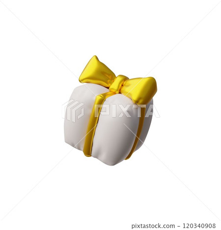 3D white box with yellow ribbon bow inflated balloon vector icon, festive present surprise, volume holiday decoration 120340908
