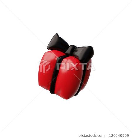 3D illustration of an inflatable element in the form of a red gift box with a tied black bow. 120340909