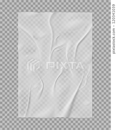 Paper wrinkled poster, wet paper sheet template with transparent crumpled texture, vector glued wrinkles white tape Paper wrinkled poster, wet paper sheet template with transparent crumpled texture, vector glued wrinkles white tape 120341039