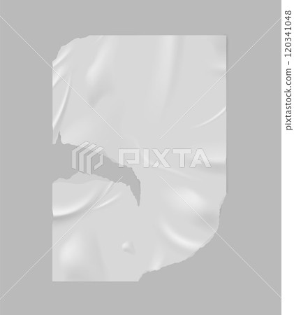 Paper wrinkled torn poster flyer, vector realistic glued wrinkles white wet paper sheet template with crumpled texture Paper wrinkled torn poster flyer, vector realistic glued wrinkles white wet paper sheet template with crumpled texture 120341048