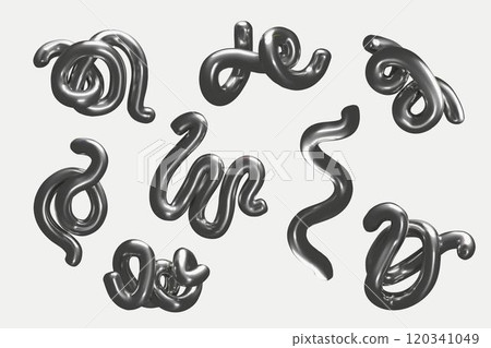3D set of figures made of silver in form of curved pipes of irregular shape 3D set of figures made of silver in form of curved pipes of irregular shape 120341049
