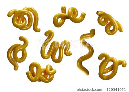 Yellow abstract curve lines, scribble shape 3D plastic cartoon icons set, volume doodle plasticine texture glossy scroll 120341051