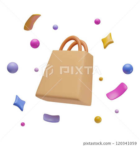 Realistic paper shopping bag with confetti 3D cartoon plastic style vector icon, carrying handle bag festive background Realistic paper shopping bag with confetti 3D cartoon plastic style vector icon, carrying handle bag festive background 120341059