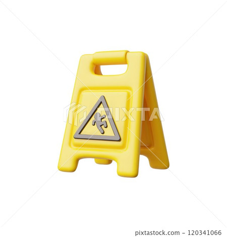 Wet floor caution sign 3D plastic vector icon, realistic housekeeping cleaning equipment yellow board with falling human 120341066