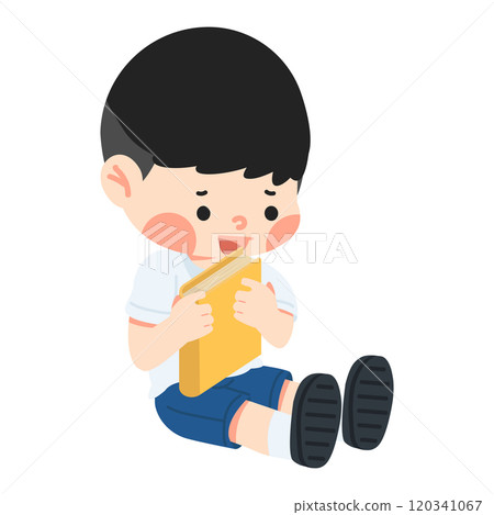 Kid sitting on the floor hug book 120341067