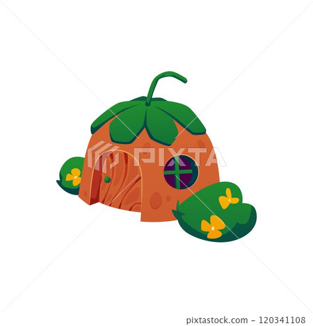 Cartoon game hut from fairy village, vector fairy tale dwarf house with door and rounded roof covered with grass, bushes 120341108