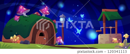 Vector illustration of night scene with fairytale fantasy house covered with moss and fly agarics. Vector illustration of night scene with fairytale fantasy house covered with moss and fly agarics. 120341113