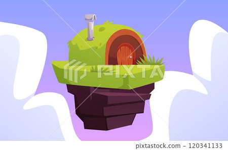 Game island with hut in the sky, vector cartoon cute small fairy tale village house with door, roof covered with grass Game island with hut in the sky, vector cartoon cute small fairy tale village house with door, roof covered with grass 120341133