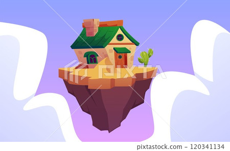 Vector graphics with a levitating island with a stone house surrounded by sand Vector graphics with a levitating island with a stone house surrounded by sand 120341134