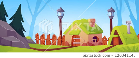 Vector illustration charming houses with a roof covered with green grass in a fabulous style: 120341143