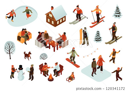Set of isometric vector illustrations of people engaged in fun winter activities such as sledding, ice skating, building snowmen, and having snowball fights. 120341172
