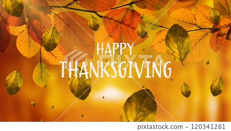 Image of happy thanksgiving day text over autumn leaves 120341281