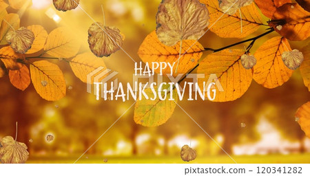 Image of happy thanksgiving text over autumn leaves 120341282