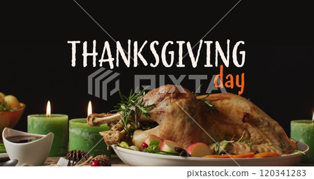 Image of happy thanksgiving day text over turkey and candles 120341283