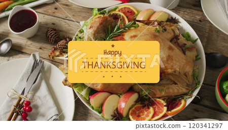 Image of happy thanksgiving text over cutlery and dinner on wooden background 120341297