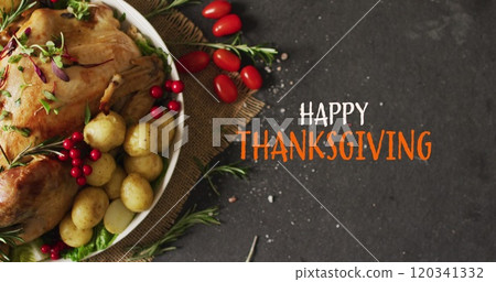 Image of happy thanksgiving text and dinner on grey background Image of happy thanksgiving text and dinner on grey background 120341332