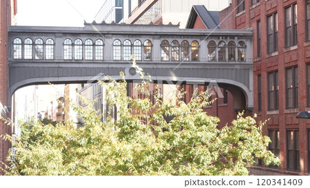 New York City street, Chelsea Market skybridge. Industrial architecture. Manhattan High Line, USA. 120341409
