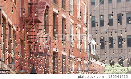 New York City Manhattan building architecture. Red brick house exterior. Real estate property, USA. 120341413