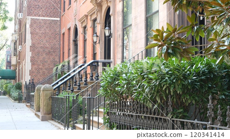 New York City townhouse building, Brooklyn Heights residential brownstone house architecture in USA. 120341414