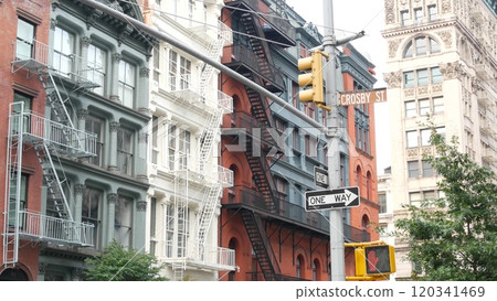 New York City Manhattan Soho fashion district near Broadway street. USA urban building architecture. 120341469