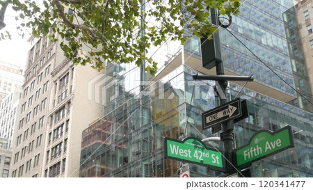 Fifth avenue, 5 ave road sign, Manhattan midtown architecture, New York City 5th av street corner. 120341477
