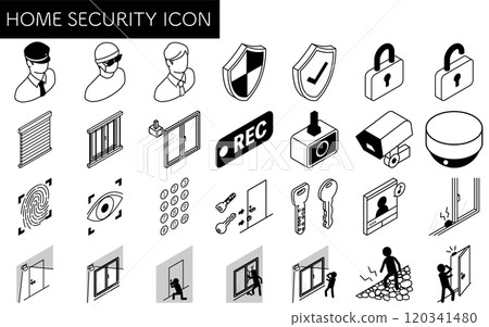 預防犯罪和家庭安全的黑白圖示的等距插圖 預防犯罪和家庭安全的黑白圖示的等距插圖 120341480