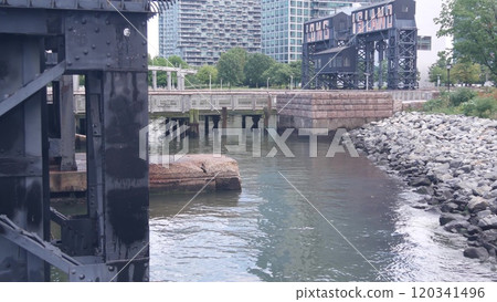 New York City Gantry Plaza old dock pier, Long Island sign, Hunters Point, Queens, United States. 120341496