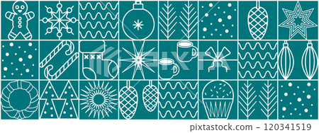 Christmas geometric background with simple line elements. Merry Christmas and Happy New Year abstract line design. Mosaic and Scandinavian style. Vector illustration 120341519