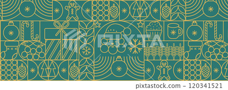 Christmas geometric background with simple line elements. Merry Christmas and Happy New Year abstract line design. Mosaic and Scandinavian style. Vector illustration Christmas geometric background with simple line elements. Merry Christmas and Happy New Year abstract line design. Mosaic and Scandinavian style. Vector illustration 120341521