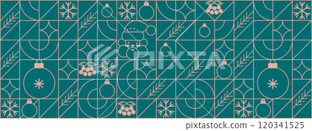 Christmas geometric background with simple line elements. Merry Christmas and Happy New Year abstract line design. Mosaic and Scandinavian style. Vector illustration 120341525
