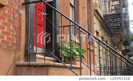 New York City townhouse building, Brooklyn Heights residential brownstone house architecture in USA. 120341528