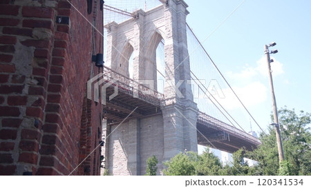New York City Brooklyn Bridge. Red brick wall, old historic tobacco warehouse. Dumbo Market, Theater 120341534