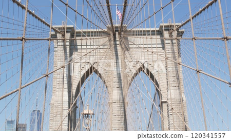 Brooklyn Bridge to Manhattan downtown, cables and blue sky. New York City iconic symbol. Travel USA. Brooklyn Bridge to Manhattan downtown, cables and blue sky. New York City iconic symbol. Travel USA. 120341557