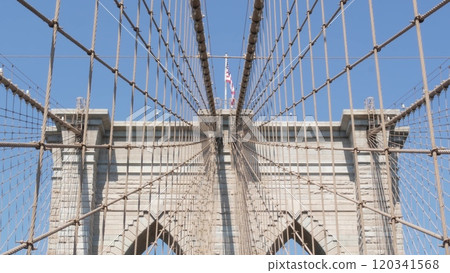 Brooklyn Bridge to Manhattan downtown, cables and blue sky. New York City iconic symbol. Travel USA. 120341568