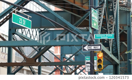 New York elevated subway, metropolitan bridge, metro track above street. Railway transport over road New York elevated subway, metropolitan bridge, metro track above street. Railway transport over road 120341573