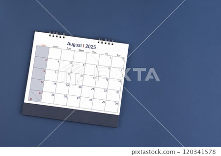 August 2025 Monthly desk calendar for 2025 year on blue color background, Position with copy space. August 2025 Monthly desk calendar for 2025 year on blue color background, Position with copy space. 120341578