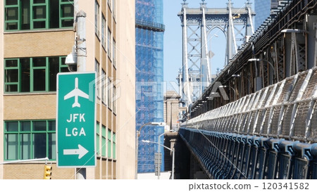 New York City Manhattan Bridge, Brooklyn, United States. Pedestrian path. Travel USA. Airport sign. 120341582