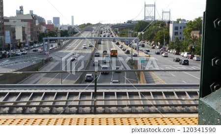 Robert F. Kennedy Triborough Bridge, Astoria, New York City. Car traffic on road, highway in Queens. Robert F. Kennedy Triborough Bridge, Astoria, New York City. Car traffic on road, highway in Queens. 120341590