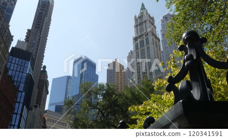 New York City Manhattan Downtown Financial District, USA. Buildings, Broadway street, City Hall Park New York City Manhattan Downtown Financial District, USA. Buildings, Broadway street, City Hall Park 120341591