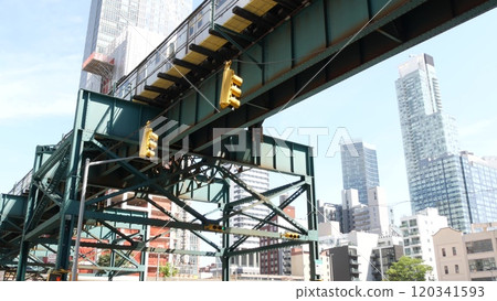 New York City elevated subway, metropolitan bridge, metro train track above street. Railway transport New York City elevated subway, metropolitan bridge, metro train track above street. Railway transport 120341593