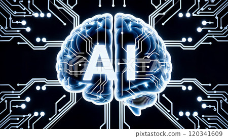 AI and brain network: Symbolic image of future technology: Blue artificial intelligence AI and brain network: Symbolic image of future technology: Blue artificial intelligence 120341609