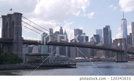 Brooklyn Bridge, Dumbo Pebble Beach. New York City Manhattan downtown skyline. World Trade Center. Brooklyn Bridge, Dumbo Pebble Beach. New York City Manhattan downtown skyline. World Trade Center. 120341633