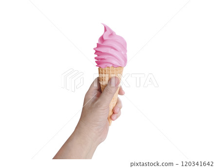 Ice cream in hand, summer dessert cone ice cream. 120341642