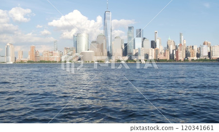 New York City waterfront skyline, Manhattan Downtown Financial district, World Trade Center cityscape 120341661
