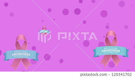 Image of breast cancer awareness text over pink breast cancer ribbons 120341702
