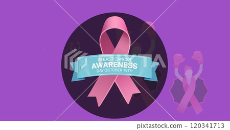 Image of breast cancer awareness text over pink breast cancer ribbons 120341713