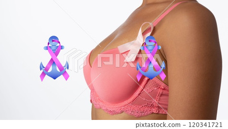 Image of breast cancer awareness text over biracial woman 120341721